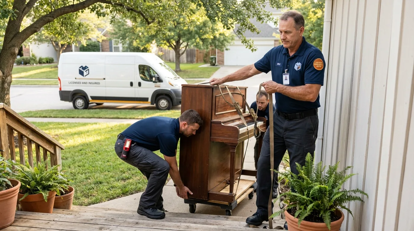 Licensed piano movers securing grand piano in Apple Creek, OH