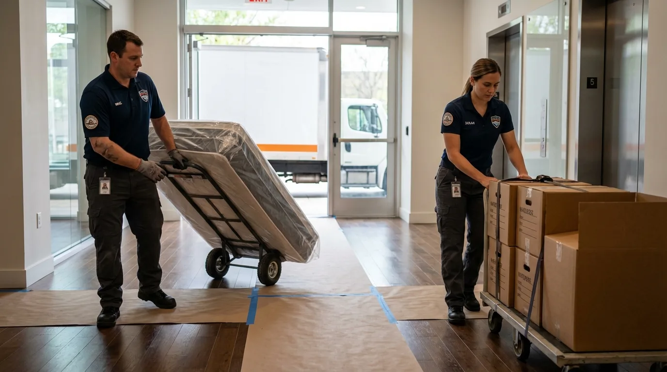 Professional apartment movers loading elevator in Apple Creek, OH