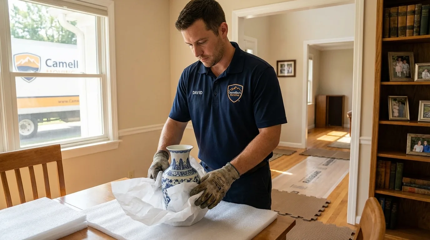 Professional crew carefully wrapping antique vase for senior downsizing move in Apple Creek, OH